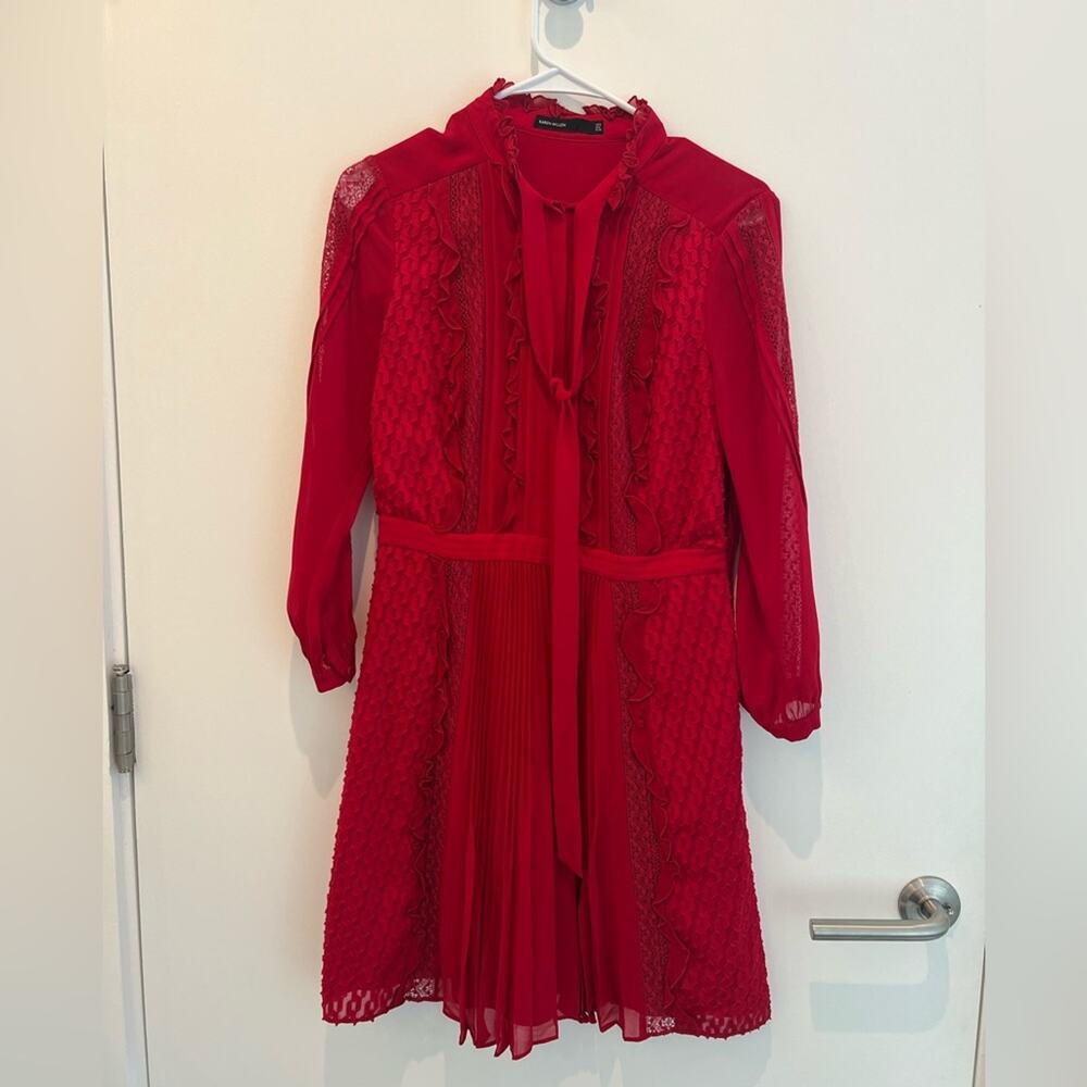 Karen Millen Red Long Sleeve Lace Panel Ruffle Mini Dress Size 6 - Picture 3 of 6